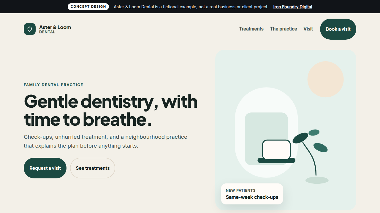 Concept design preview of Aster & Loom Dental, a fictional business website