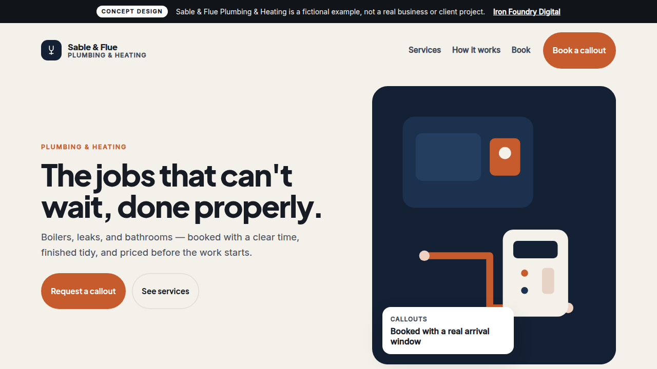 Concept design preview of Sable & Flue Plumbing & Heating, a fictional business website